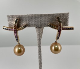 Multi-Color Sapphire & Golden South Sea Pearl Earrings