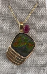 Ammolite and Ruby Pendant